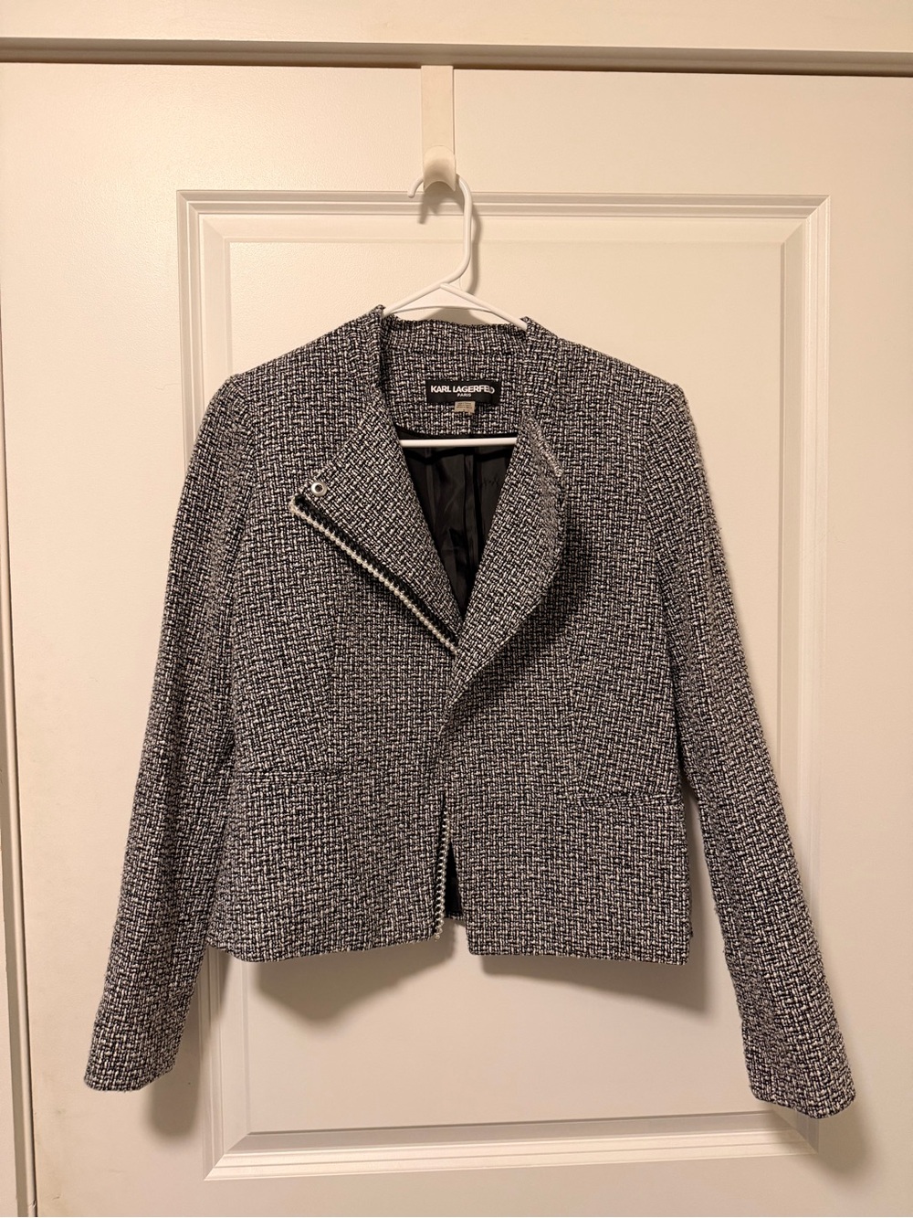 Karl Lagerfeld Black & White Tweed Asymmetric Zip Jacket
